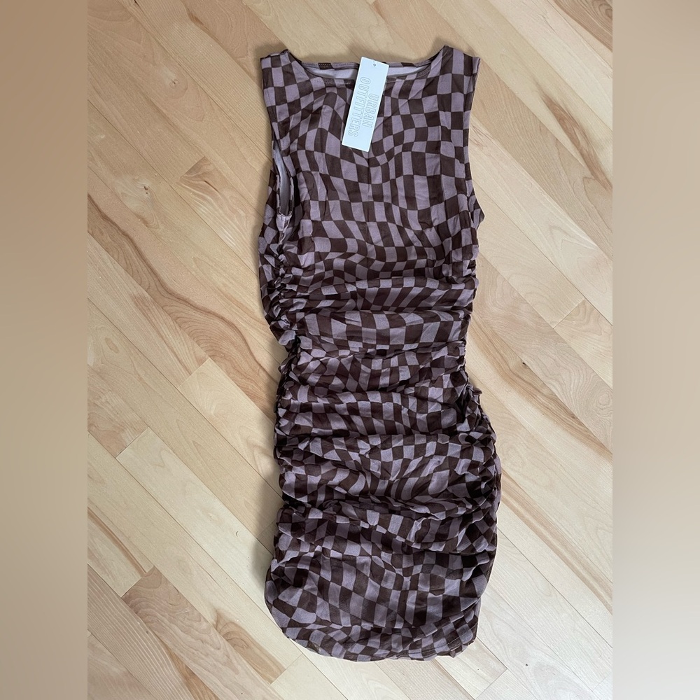 Urban Outfitters Ruched bodycon mini dress - checkered brown XS